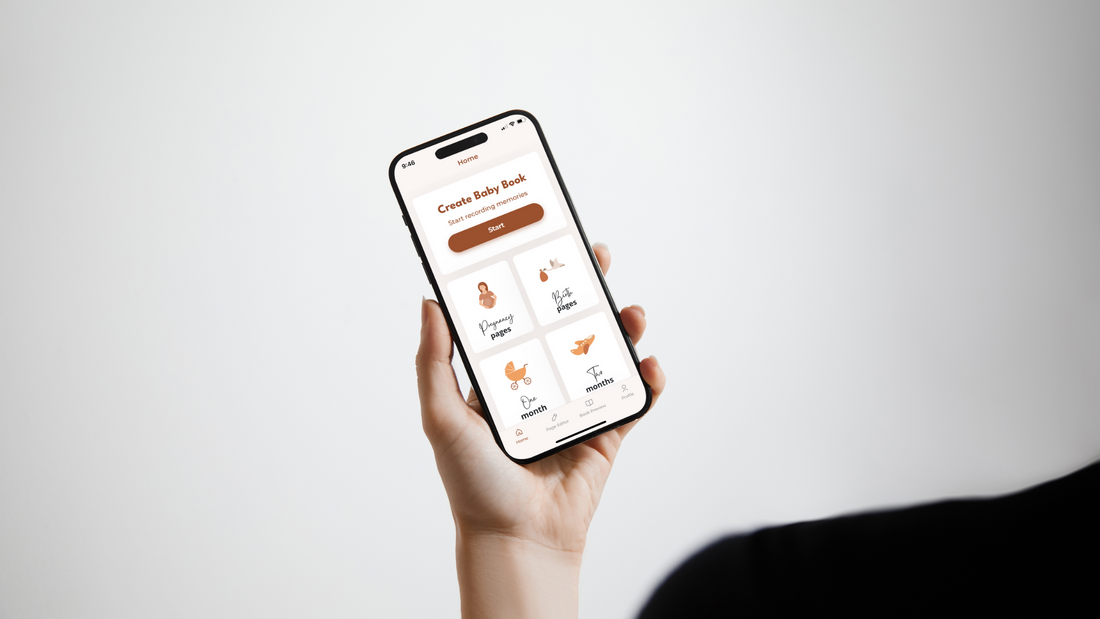 parent holding phone with baby book app home screen