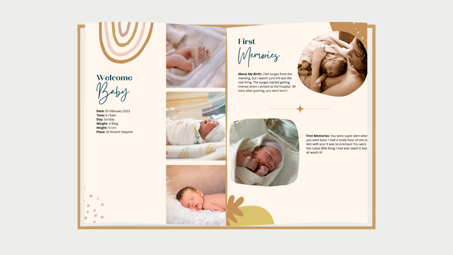 welcome baby and first memories pages of Dujourbaby pregnancy and baby memory book